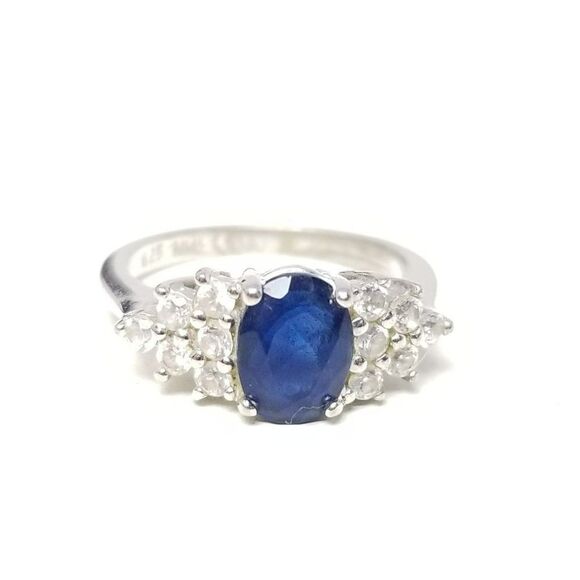 Vintage Sterling Silver Blue Oval Rhinestone Ring, Size 6 Band, Cluster Cocktail - Picture 8 of 9